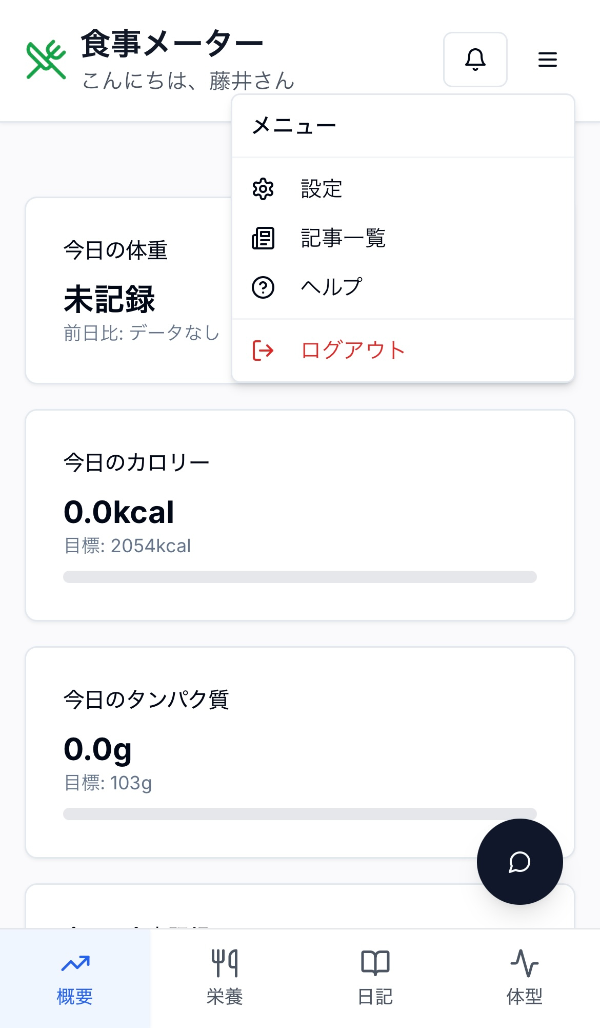 食事メーターのダッシュボード画面。体重・カロリー・タンパク質などの今日の記録が一覧で確認できる